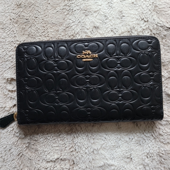 COACH Signature Black Leather Continental Zip Around Wallet 42316-Black - Picture 3 of 7